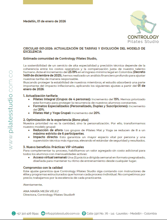 Tarifas Contrology Pilates Studio 2026